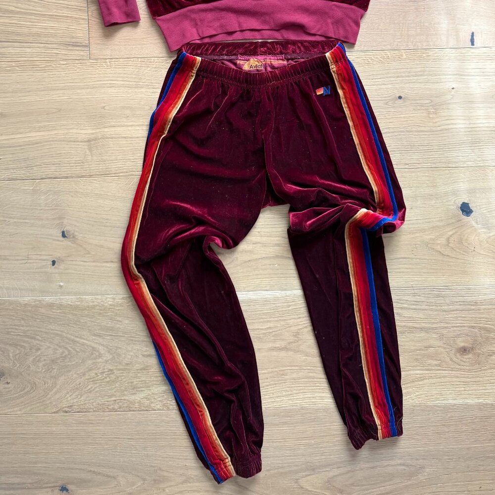 Aviator Nation Burgundy Velvet Rainbow Stripe Tracksuit Set Made in USA - Picture 6 of 6